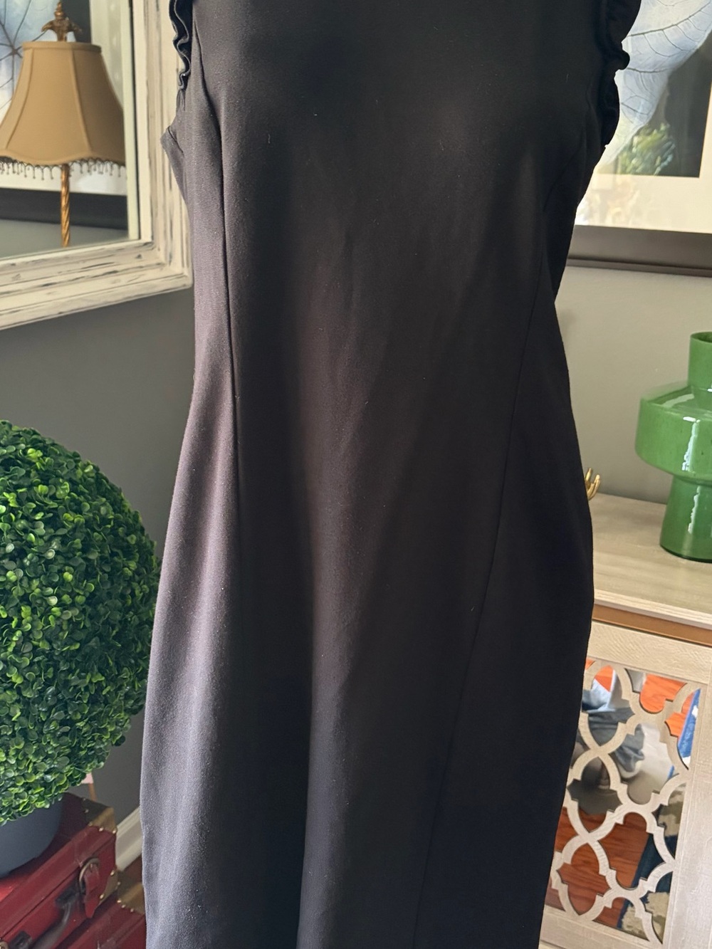 Talbots Black Sleeveless Sheath Dress with Ruffle Trim